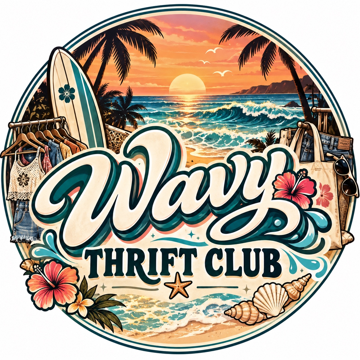 Wavy Thrift Club sunset and ocean logo